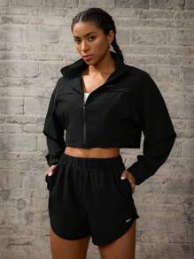 Powerista Reflective Letter Print Drop Shoulder Loose Zip Up Hooded Cropped Jacket & Shorts Outfit Sets, Sporty - Black - View 3