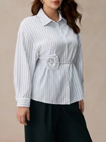 SHEIN Frenchy Plus Size Women's Casual Dropped Shoulder Long Sleeve Striped 3D Floral Blouse, Autumn - Black and White - View 6