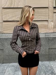 Forever 21 Women Spring Summer Striped Long Sleeve Cropped Casual Commuter Shirt - Brown - View 4
