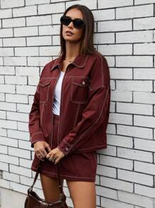 GENKIRA 2 件套女士休闲宽松复古裙子和上衣套装，休闲造型，初秋假日派对服装 - 酒紅色 - 查看 6