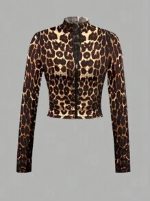 Slaydiva 简约休闲女式秋冬弹力豹纹 T 恤，半领拉链、V 领、紧身长袖 - E - 彩色 - 查看 1