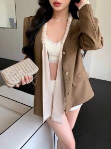 DAZY Women Single-Breasted Elegant Commuter Contrast Color Blazer Jacket, Autumn Business Attire