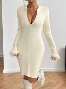 EgrlEra Französischer Stil vielseitiges Strickkleid mit Federbesatz an den Ärmeln - Weiss - Übersicht 5