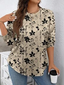 EMERY ROSE 休闲简约全身复古印花宽松圆领运动衫，大码，秋冬 - 白色 - 查看 1