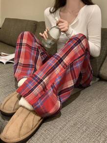 DAZY 女士宽松格子直筒裤，秋冬休闲长裤，圣诞节和新年拉绒 - 紅色 - 查看 7