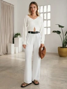 RueChic Dames effen linnen broek met riem en middelhoge taille