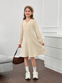Tween Girls' Fitted Knit Cable V-Neck Sweater Dress