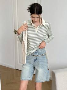 INAWLY Áo thun dài tay kẻ sọc thường ngày cho nữ mùa xuân và mùa thu - màu xanh lá - Xem 4