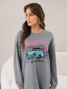 Mulvari Váy dài tay giản dị in khẩu hiệu cho nữ, có dây rút, viền váy, thích hợp cho mùa thu/đông - Xám - Xem 5