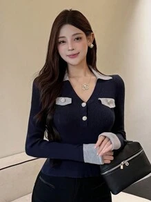 DAZY Women Color Block Turndown Collar Pullover Long Sleeve Knitted Sweater