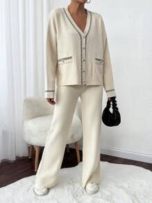 EURMUSE 休闲开衫和裤子针织套装，秋冬 - 杏色 - 查看 4