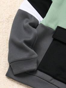 SHEIN 儿童/青少年男孩休闲拼色拼接连帽半拉链长袖针织连帽衫，黑色和白色，适合学校、花园、海滩、生日、秋季、春季、夏季、冬季 - 綠色 - 查看 6