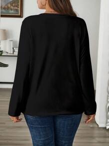 EMERY ROSE Damen Große Größen Lässig Weihnachts-Katzen-Grafik Rundhals Langarm T-Shirt - Schwarz - Übersicht 2