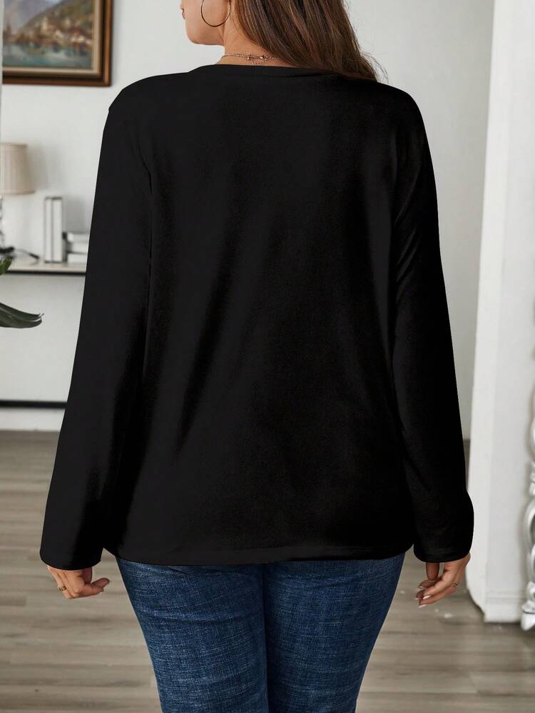 Femmes de grande taille T-shirt décontracté à manches longues col ras-du-cou imprimé graphique de chat de Noël