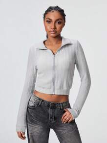 Flirla 1pc Women Grey Casual Minimalist Knitted Textured Mock Neck Long Sleeve Slim Fit Sweatshirt For Autumn/Winter