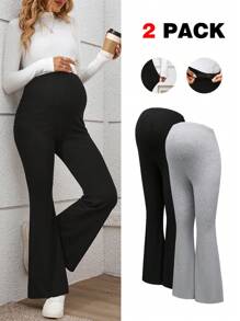 Modmama 2pcs Maternity High Waist Flared Pants, Solid Color Adjustable Waistband Pregnancy Trousers