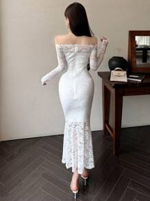 DAZY Đầm dài dự tiệc phối ren cho nữ, kiểu dáng thanh lịch, xếp nếp, đầm thu, đầm tay dài, áo trễ vai, đầm maxi. - trắng - Xem 5