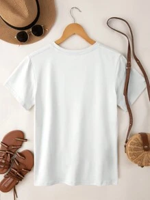 EMERY ROSE Women Face Pattern Minimalist Lines Print T-Shirt, Short Sleeve Layering Top For Summer And Autumn Graphic Tees Women Tops