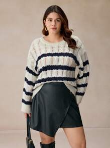 SHEIN Frenchy Plus Size Women Striped Round Neck Drop Shoulder Long Sleeve Casual Knit Pullover Sweter Jesień