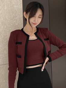 DAZY Bộ đồ Giáng sinh 2 món dành cho nữ, gồm áo khoác dài tay và áo dệt kim không tay, thích hợp cho dịp lễ hội. - Màu Đỏ Sâu - Xem 4