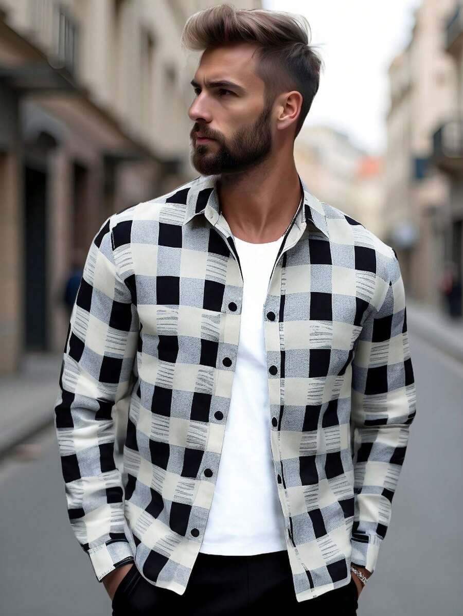 Manfinity Homme Áo sơ mi nam dài tay kẻ sọc flannel thường ngày - Nhiều màu - Xem 1