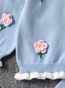 طقم ملابس للبنات الصغيرات مكون من 2 قطعة، كنزة صوفية مزهرية وتنورة مطوية، طقم مكون من 2 قطعة بلون أزرق محبوك - ازرق ضبابي - مشاهدة 5