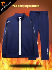 Manfinity Fitness 2pcs Boyfriend Style Men Letter Print Ombre Jacket And Pants Sports Tracksuit Set - Royal Blue - View 1