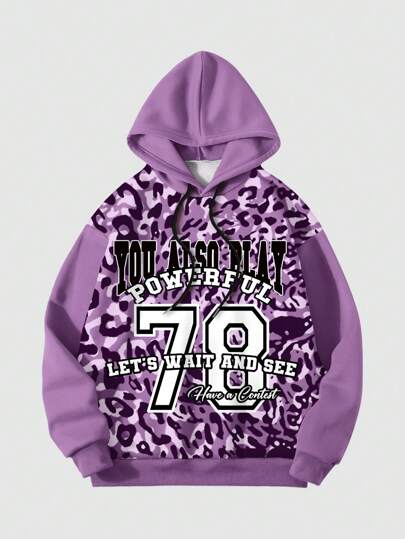 Street Life Sweatshirt ample à capuche à cordon de serrage avec imprimé léopard et lettre, style décontracté, printemps automne