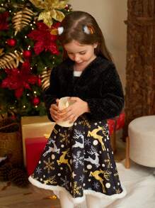 SHEIN 2pcs Girls Christmas Furry Black Deer Print Top & Overall Skirt Set, Autumn/Winter Child
