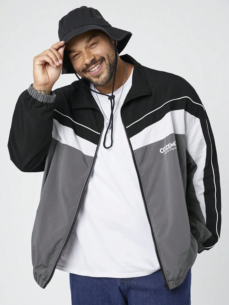 Mainfolk Plus Size Men Woven Casual Lightweight Jacket/Outwear, Multi-Color, Long Sleeve, For Fall Winter - Black - View 1