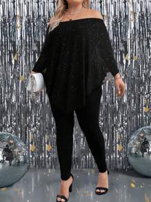 SHEIN CURVE+ 2pcs/Set Plus Size Women Off Shoulder Batwing Sleeve Asymmetrical Hem Loose Top & Skinny Pants - Black - View 5
