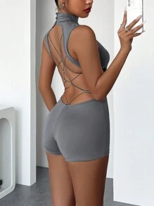 SHEIN SXY Sexy effenkleurige rompertjes met opstaande kraag en rugloze pasvorm voor dames in de zomer