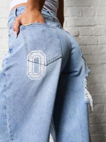 SUMWON WOMEN Distressed Baggy Mom Denim Jeans With Number Graphic Print - Blue - View 3