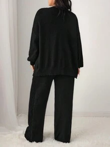 Mulvari Plus Size Casual Solid Color Open Front Loose Cardigan & Pants Set, Suitable For Autumn/Winter Daily Wear 2 Pieces Set - Black - View 3