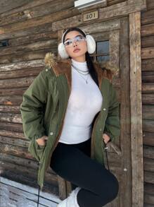 Calvaya 大码女式冬季长袖工装口袋休闲短款派克大衣连帽棉服外套 - 軍綠色 - 查看 6