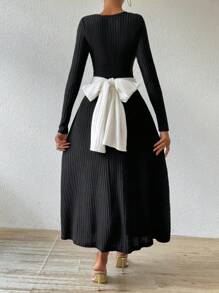 Chiquease Women's Asymmetric Neckline Colorblock Ruched Long Sleeve Casual Dress - Black - View 6