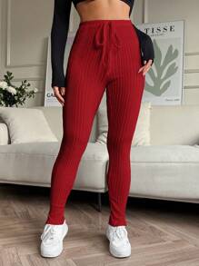SHEIN EZwear 女士纯色打结罗纹开衩下摆紧身裤 - 紅色 - 查看 4