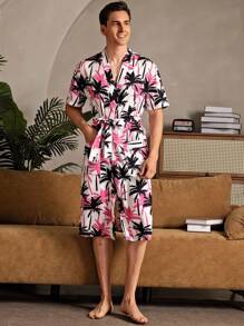 Men Plant Print Belted Pocket Short Sleeve Robe, Loungewear - Pink - View 4