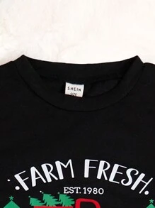 SHEIN 女童休闲宽松圆领T恤，印有有趣的圣诞树、汽车和树叶图案，适合家庭亲子装 - 黑色 - 查看 6