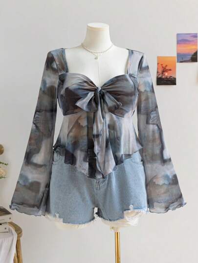 Soleia Ropa de otoño de talla grande para mujer para volver al colegio/vacaciones: Blusa de estilo babydoll, camisa de manga larga con estampado floral y lazo delantero