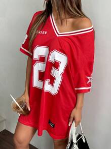 SHEIN EZwear Casual Sports Game Letter & Number Graphic Red Loose V-Neck Short Sleeve T-Shirt Dress For Summer