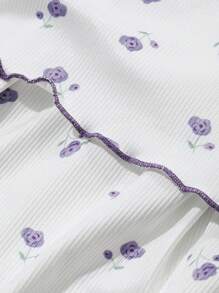 DAZY Bộ 2 món/Bộ đồ ngủ nhún bèo hoa nhỏ nhắn có viền lá rau diếp và quần dài, mùa thu - Màu tím hoa cà - Xem 9