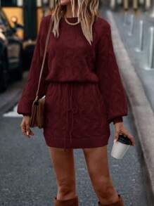 SHEIN LUNE Women's Solid Color Round Neck Long Sleeve Casual Knit Sweater Dress, Suitable For Autumn/Winter For New Year Clothes