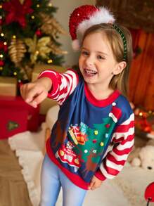 Set de 3 sudaderas navideñas para niñas jóvenes, sudaderas con cuello redondo de manga larga forradas térmicamente de color rojo con patrones clásicos navideños de color rojo y verde, diseños de copos de nieve, renos, osos de peluche lindos y árbol de Navidad, adecuado para uso casual en Navidad e invierno - Multicolor - Ver 5