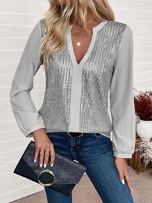 SHEIN Clasi 1pc Autumn Stylish Sequin Panel Cutout Collar Blouse For Holiday Party Clothes Party Top For Women Fall Cloth For Women - Grey - View 4