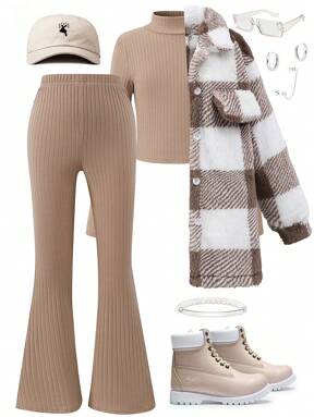 SHEIN 3 Stücke Set für Tween-Mädchen mit langärmeliger Jacke mit Kragen, einfarbigem Rippstrick Top mit hohem Halsausschnitt und einfarbiger Schlaghose aus Rippstrick