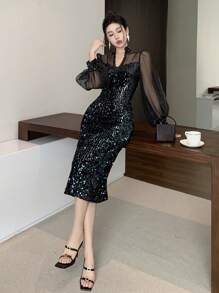 DAZY 女士亮片拼接中长款派对礼服/舞会礼服，秋季长袖连衣裙，奢华新年女士服装，嘉年华闪亮连衣裙 - 黑色 - 查看 9