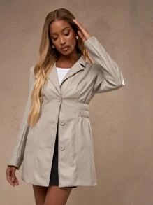 MISSGUIDED Faux Leather PU Blazer Dress Button Front Cinched Waist Long Sleeve Coat Outerwear Fall Winter Stylish Office Party Business Casual - Camel - View 1