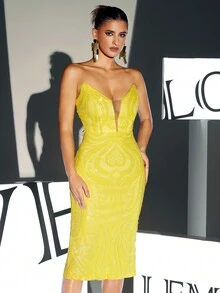 撞色網眼亮片抹胸派對洋裝 - 黃色 - 查看 4