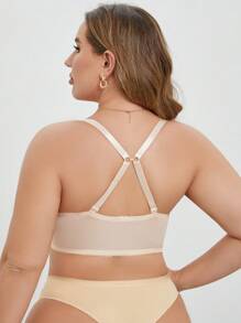 1pc Plus Size Apricot Front-Closure Contrast Lace Wire-Rimmed Push-Up Bra, Lingerie - Apricot - View 2
